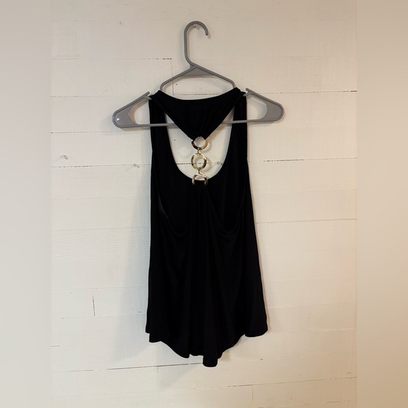 AUW Black Halter Tank Top L Open Back Gold Ring Detail Party Clubwear - Picture 2 of 5